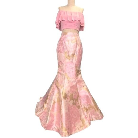 Jovani Mermaid Off the Shoulder Two Piece Pink and Gold Gown 00 NWT - Picture 1 of 9